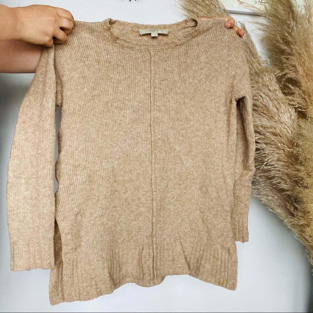 ANN TAYLOR LOFT Cream Tan Beige Scoop Neck Side Slit Pullover Knit Sweater S - Picture 7 of 7